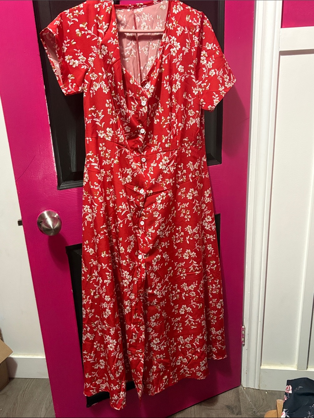 Red Floral Button-Front Women’s Dress